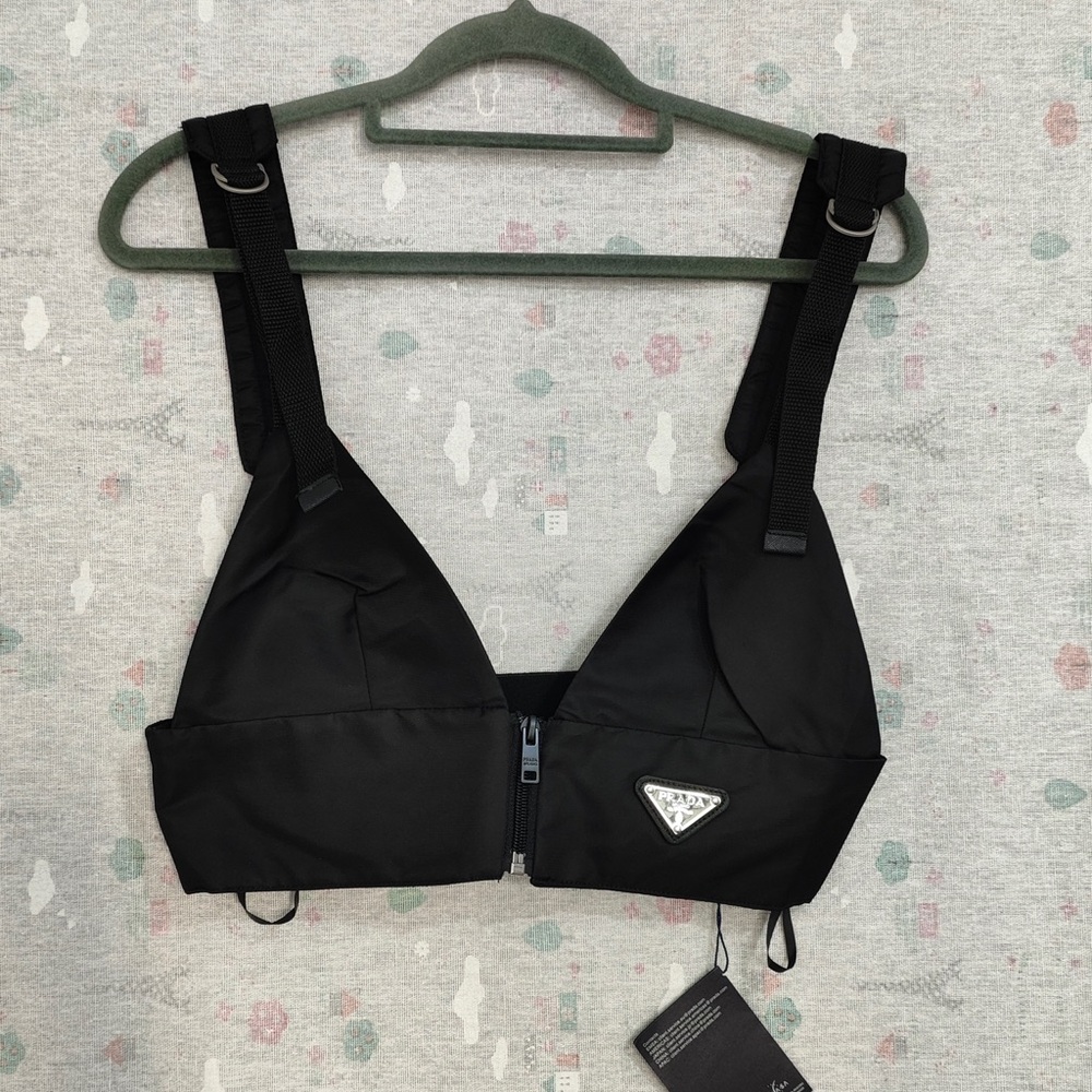 Prada Black Zip-Front Triangle Logo Bralette Top